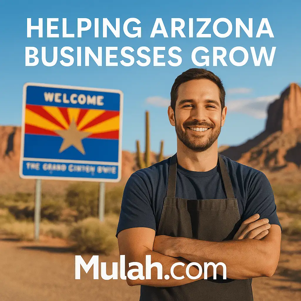 Smiling Arizona small business owner standing outside with text overlay ‘Helping Arizona Businesses Grow’ and Mulah.com logo.