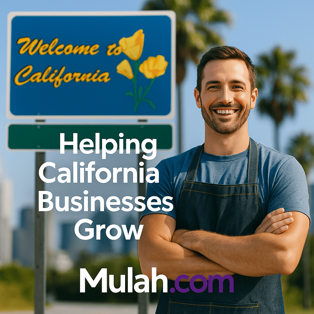 Smiling California small business owner standing in front of a Welcome to California sign with text overlay ‘Helping California Businesses Grow’ and Mulah.com logo.