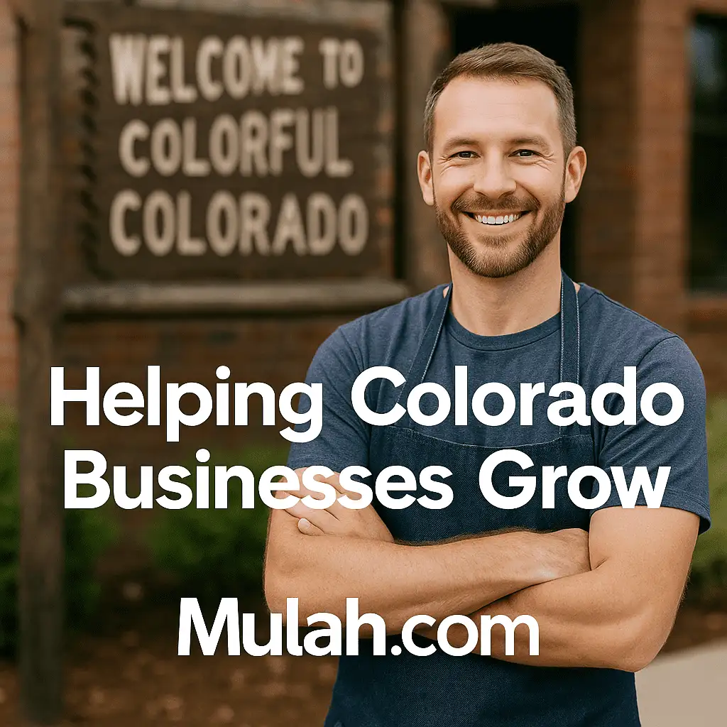 Smiling Colorado small business owner standing outside shop with text overlay ‘Helping Colorado Businesses Grow’ and Mulah.com logo.