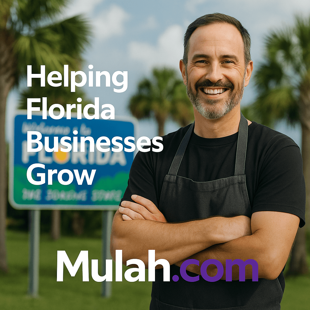 Smiling Florida small business owner standing outside shop with text overlay ‘Helping Florida Businesses Grow’ and Mulah.com logo.