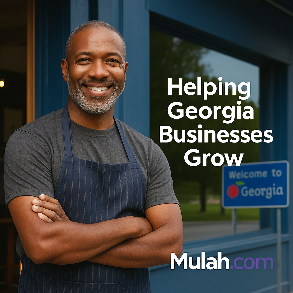 Smiling Georgia small business owner standing outside shop with text overlay ‘Helping Georgia Businesses Grow’ and Mulah.com logo.