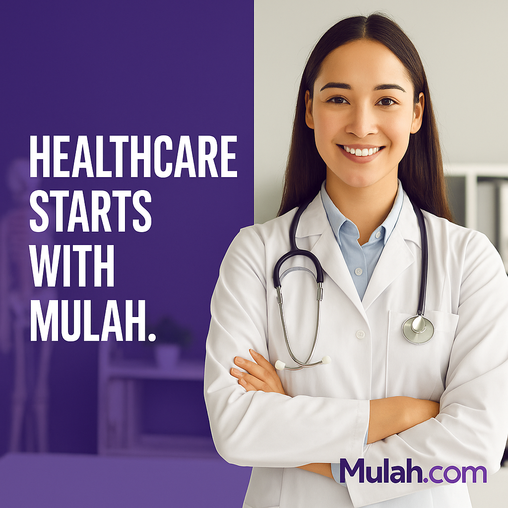 Smiling female doctor in a white coat with a stethoscope, standing confidently with arms crossed, next to the text “Healthcare Starts with Mulah” and the Mulah.com logo.