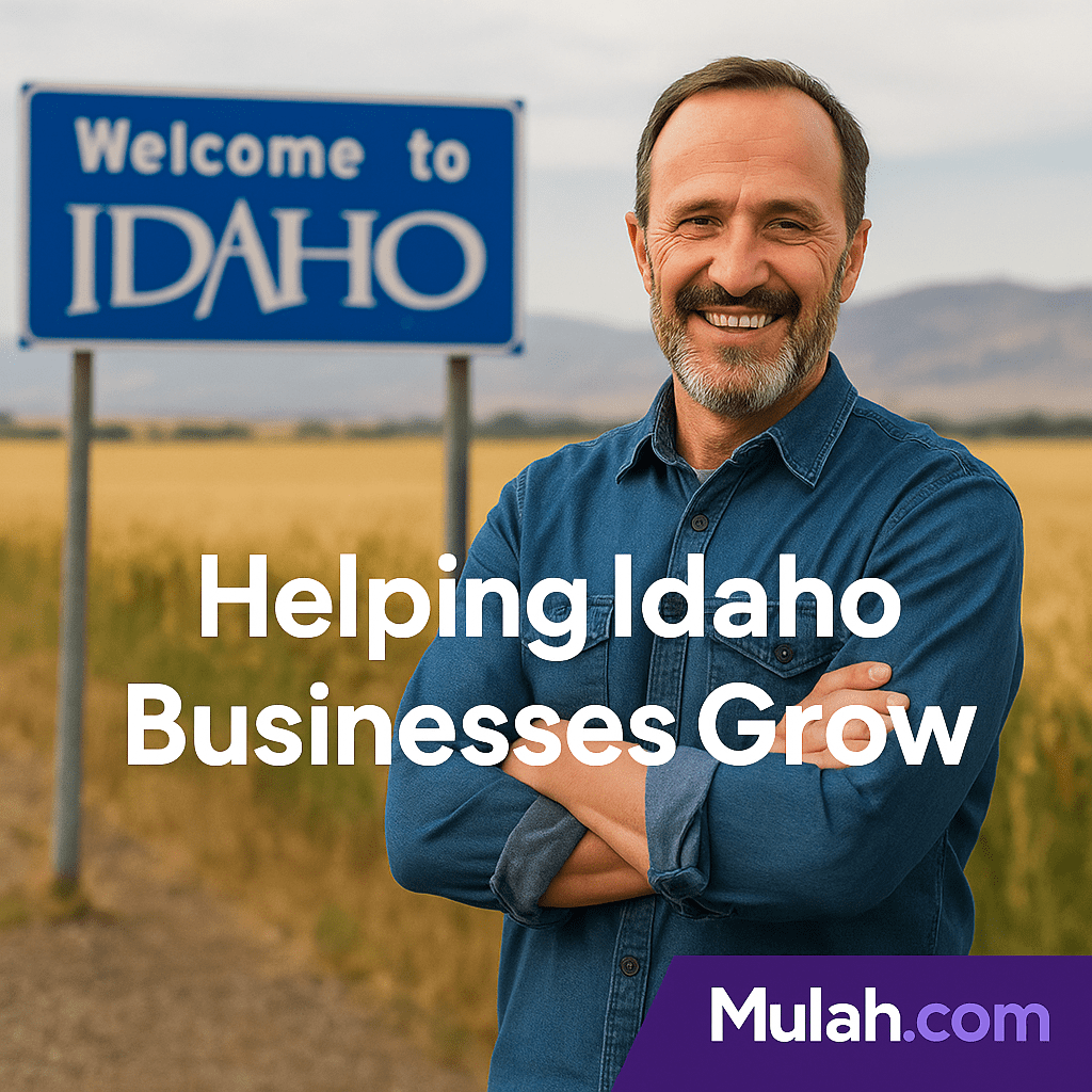 Smiling Idaho small business owner standing in front of a shop and farmland with text overlay ‘Helping Idaho Businesses Grow’ and Mulah.com logo.