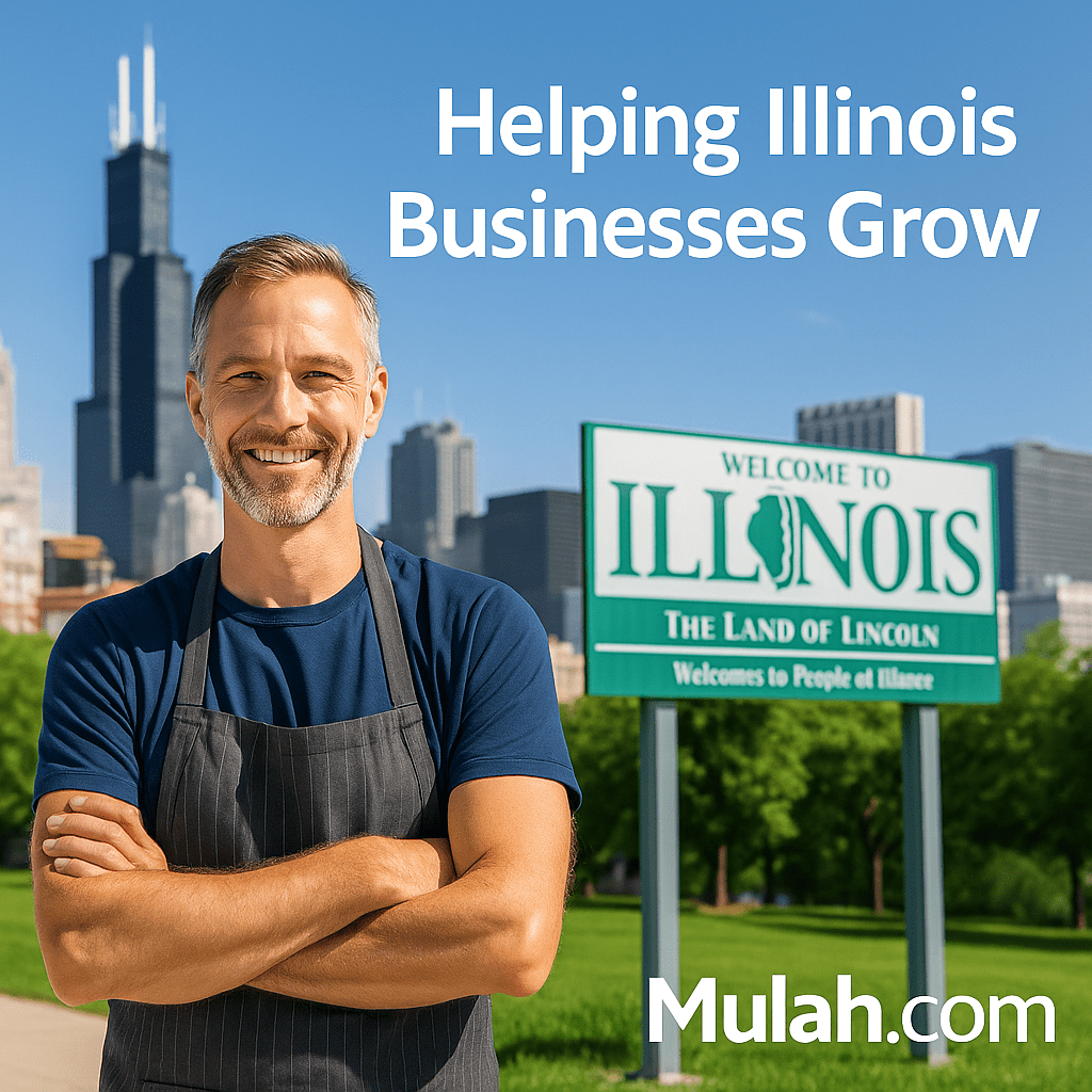 Smiling Illinois small business owner standing outside with text overlay ‘Helping Illinois Businesses Grow’ and Mulah.com logo.