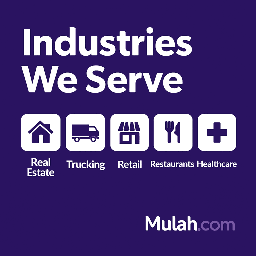 Graphic showing "Industries We Serve" by Mulah.com, featuring icons for Real Estate, Trucking, Retail, Restaurants, and Healthcare.