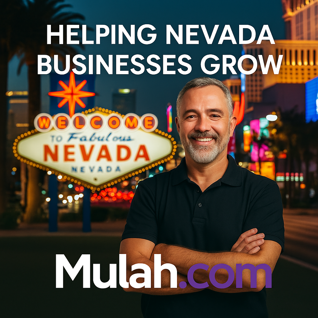 Smiling Nevada small business owner standing in front of a Welcome to Nevada sign with text overlay ‘Helping Nevada Businesses Grow’ and Mulah.com logo.