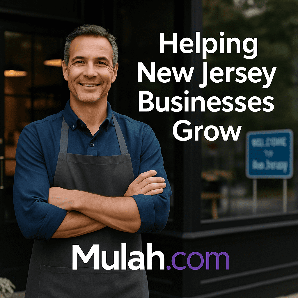 Smiling New Jersey small business owner standing confidently with text overlay ‘Helping New Jersey Businesses Grow’ and Mulah.com logo
