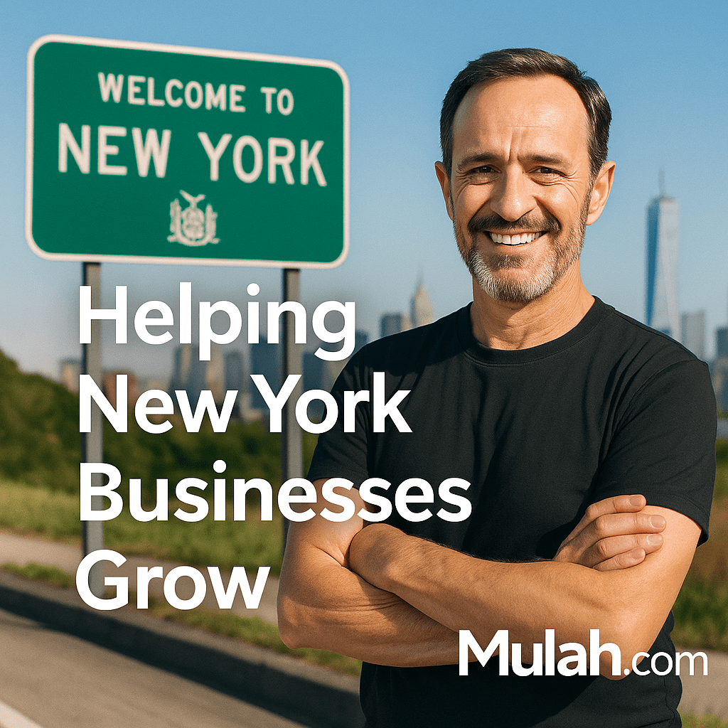 Smiling New York small business owner standing in front of a Welcome to New York sign with text overlay ‘Helping New York Businesses Grow’ and Mulah.com logo.