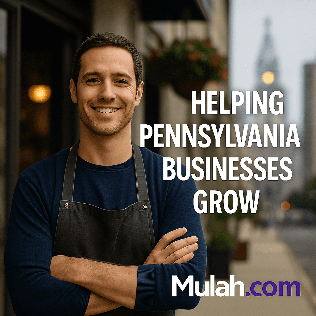 Smiling Pennsylvania small business owner standing confidently in front of his shop in Philadelphia with text overlay ‘Helping Pennsylvania Businesses Grow’ and Mulah.com logo.