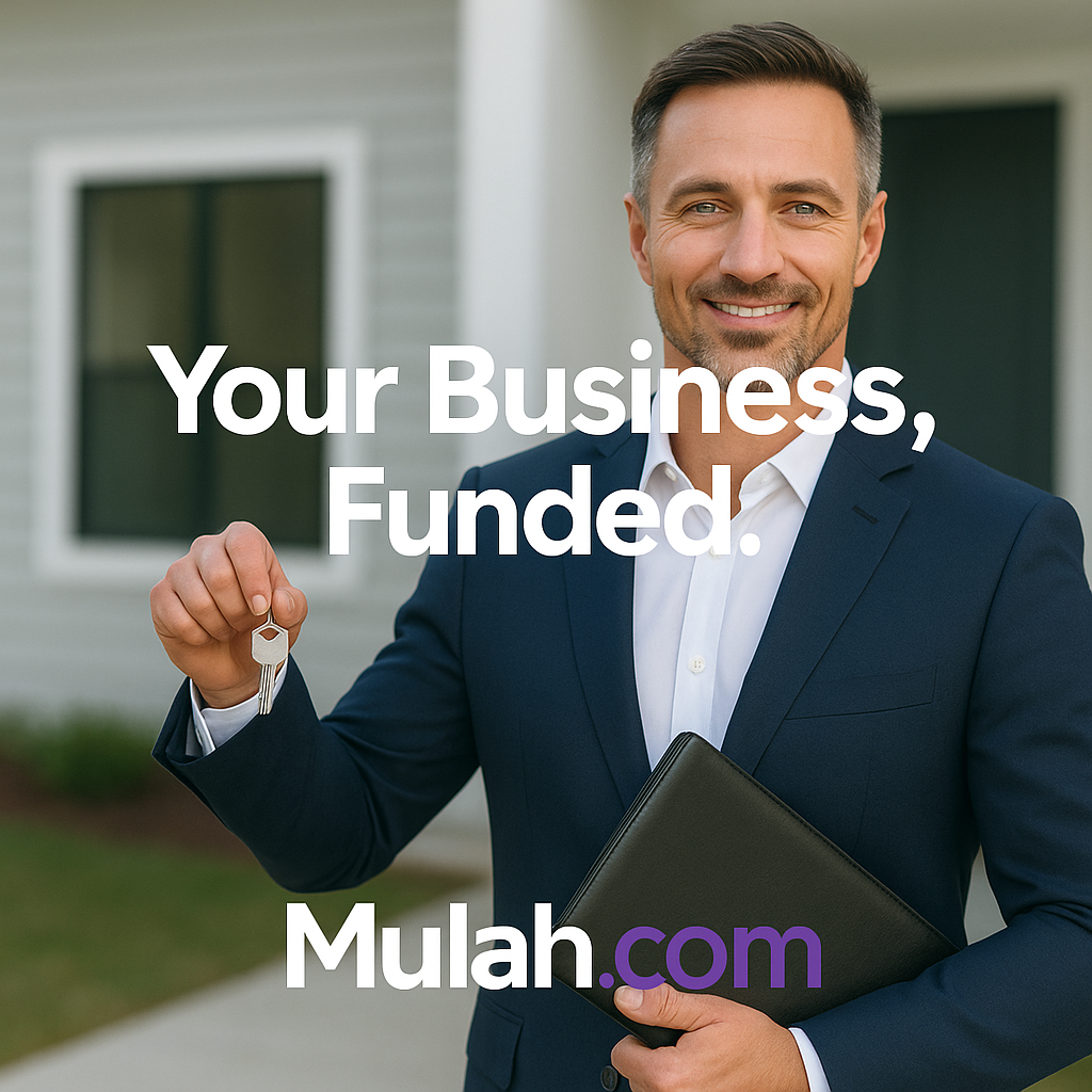 Smiling real estate investor in a suit holding a key and a portfolio folder, standing outside a property, with the text “Your Business, Funded.” and the Mulah.com logo.