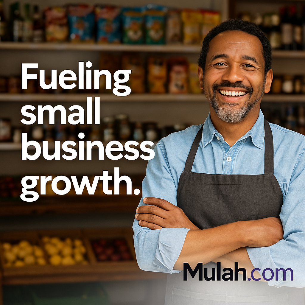 Smiling small business owner standing confidently in a store, wearing an apron, with the text “Fueling Small Business Growth” and the Mulah.com logo.