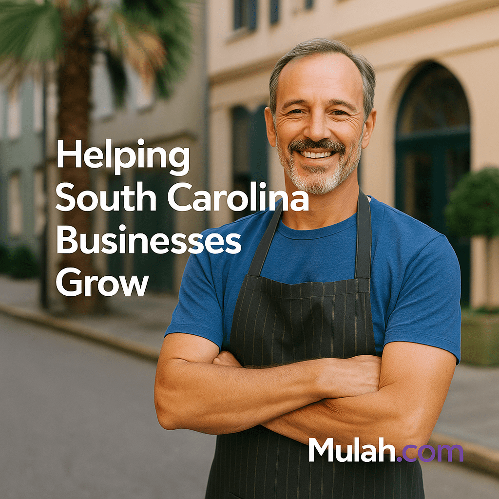 Smiling South Carolina small business owner standing in front of shop with text overlay ‘Helping South Carolina Businesses Grow’ and Mulah.com logo.