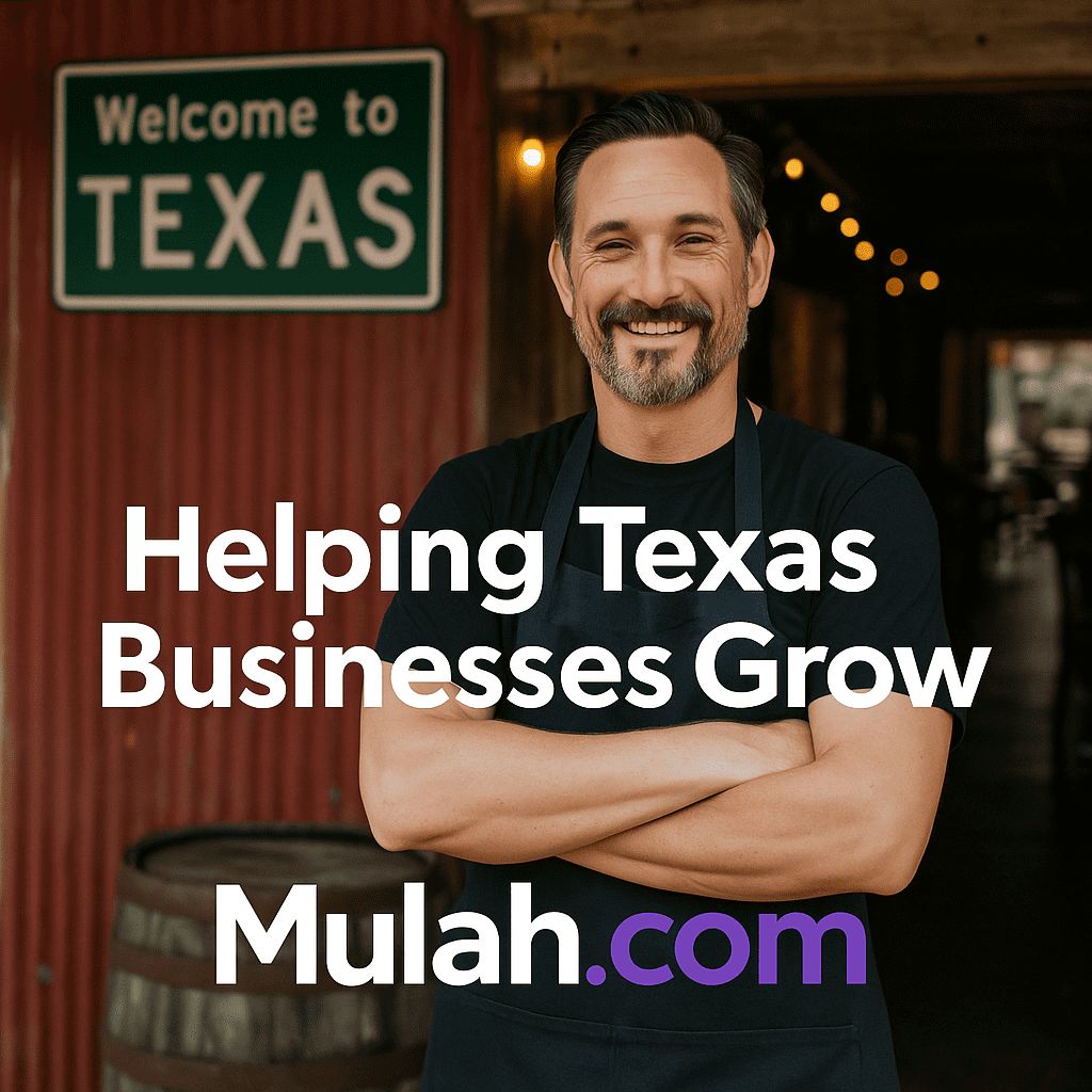 Smiling Texas small business owner standing outside shop with text overlay ‘Helping Texas Businesses Grow’ and Mulah.com logo