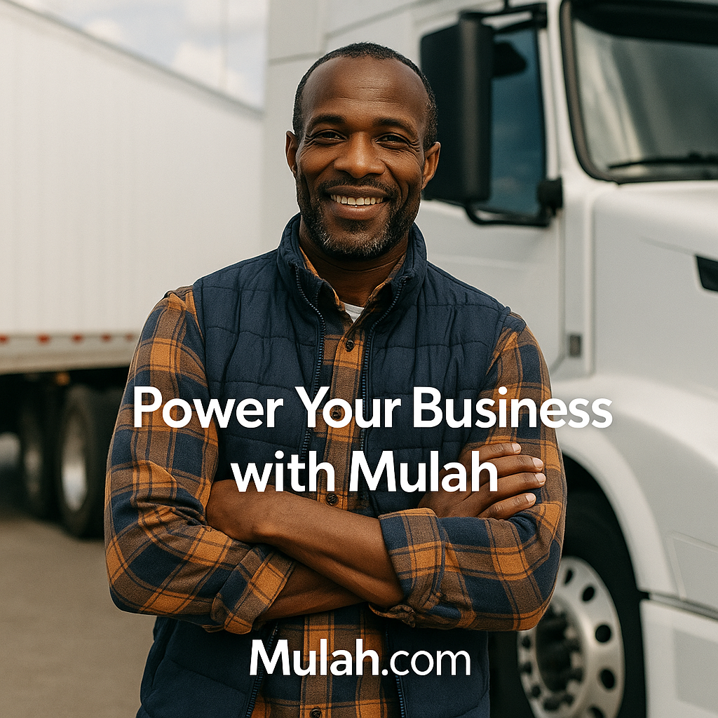 Smiling transportation and logistics business owner standing confidently in front of a truck, with the text “Power Your Business with Mulah” and the Mulah.com logo.