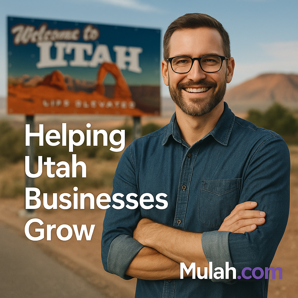 Smiling Utah small business owner standing outside shop with text overlay ‘Helping Utah Businesses Grow’ and Mulah.com logo.