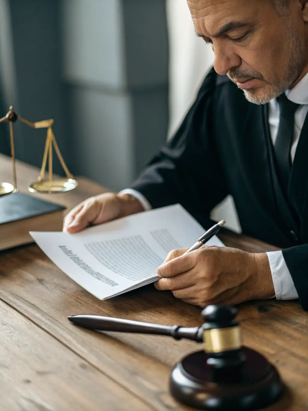 A lawyer reviewing legal documents in a sophisticated law office, with a focus on financial planning and business development.