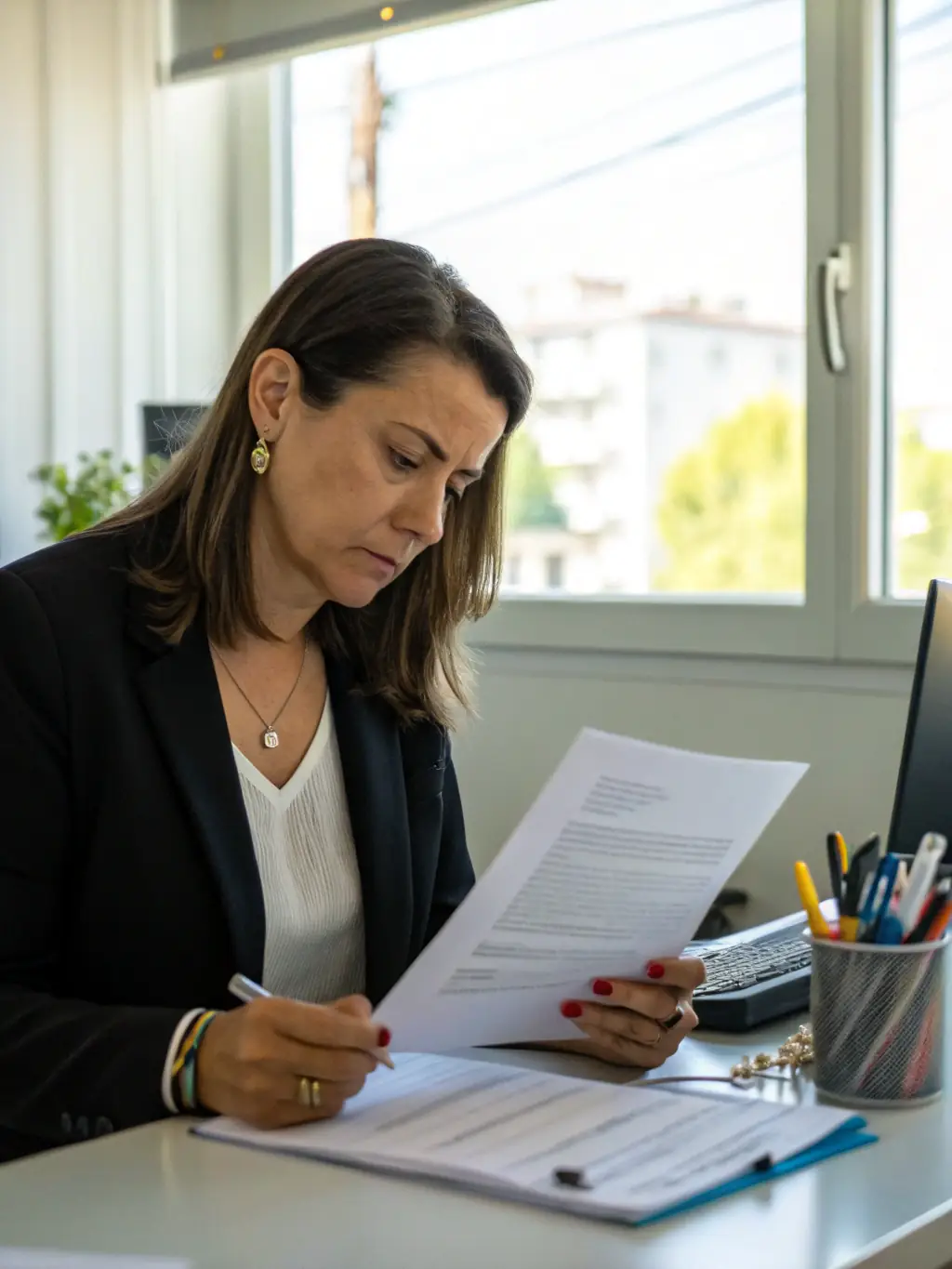A consultant working on a laptop in a modern office, reviewing financial documents and planning business strategies.