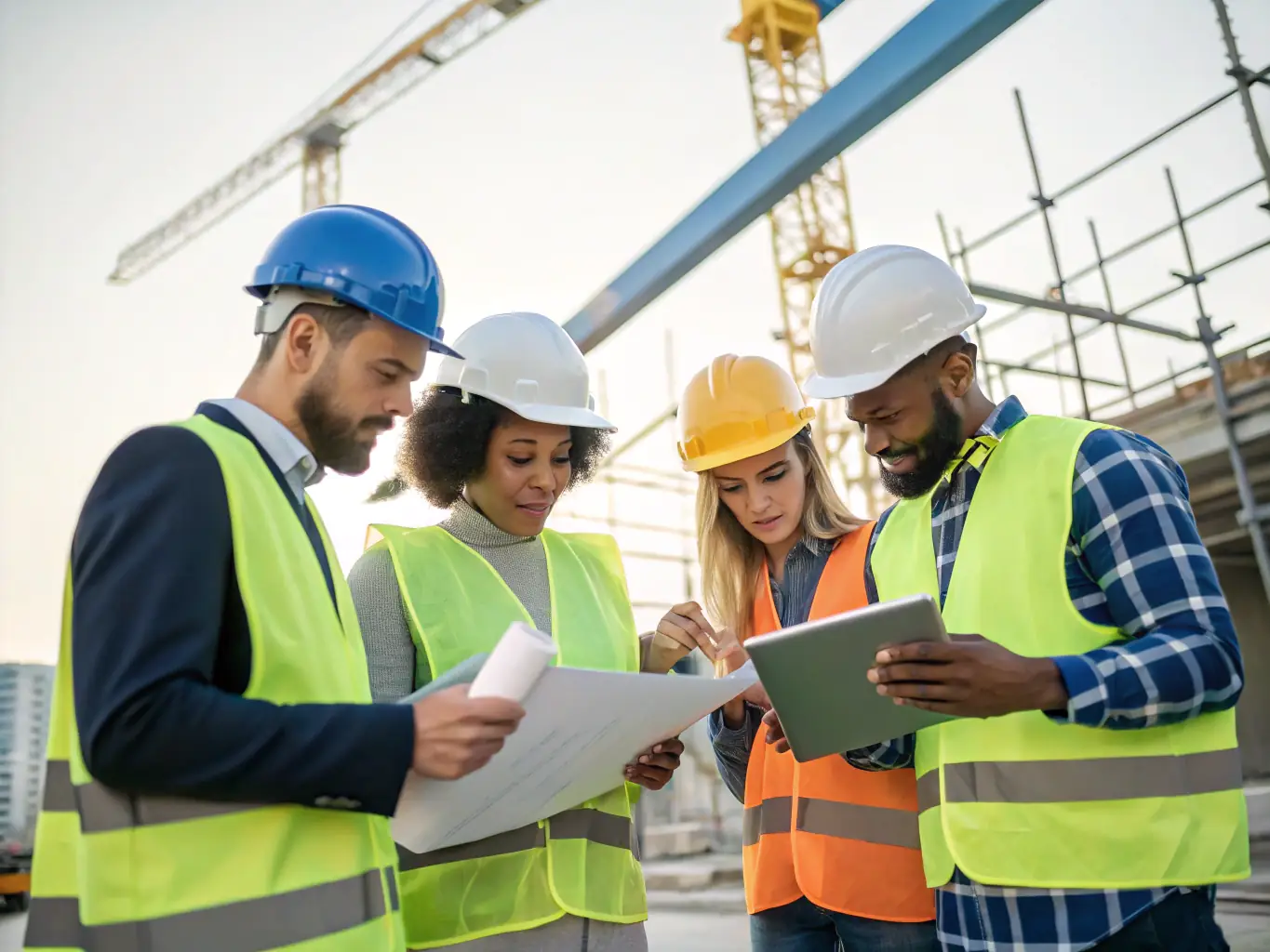 A diverse team of construction workers reviewing blueprints on a tablet, symbolizing collaboration and the importance of having the right resources for project success.