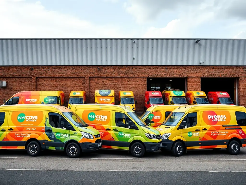 A fleet of delivery vans branded with a company logo, illustrating how equipment financing can help expand a business's logistical capabilities.