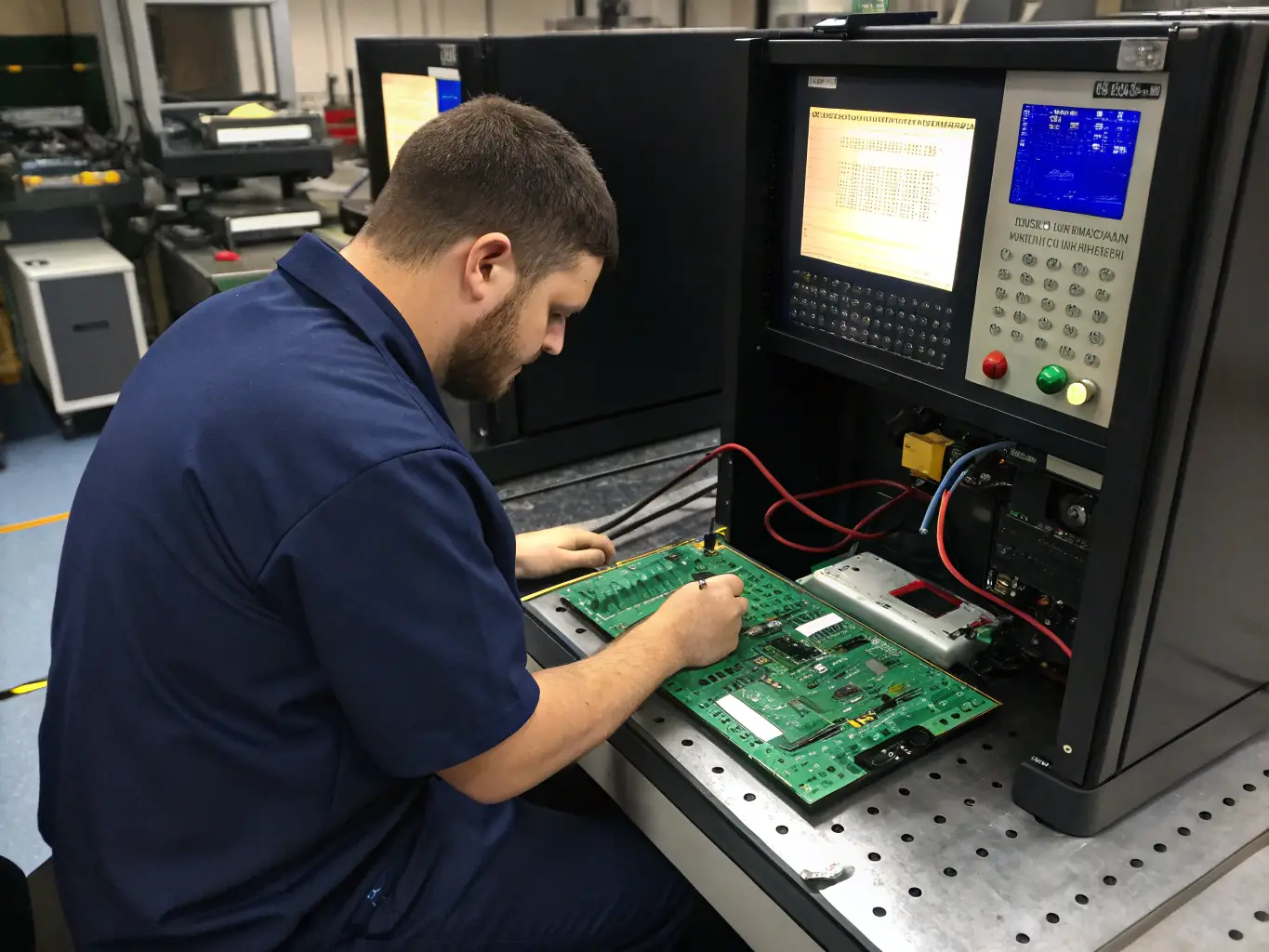 A technician using advanced diagnostic tools on a complex electronic device, highlighting the importance of technology in modern business.