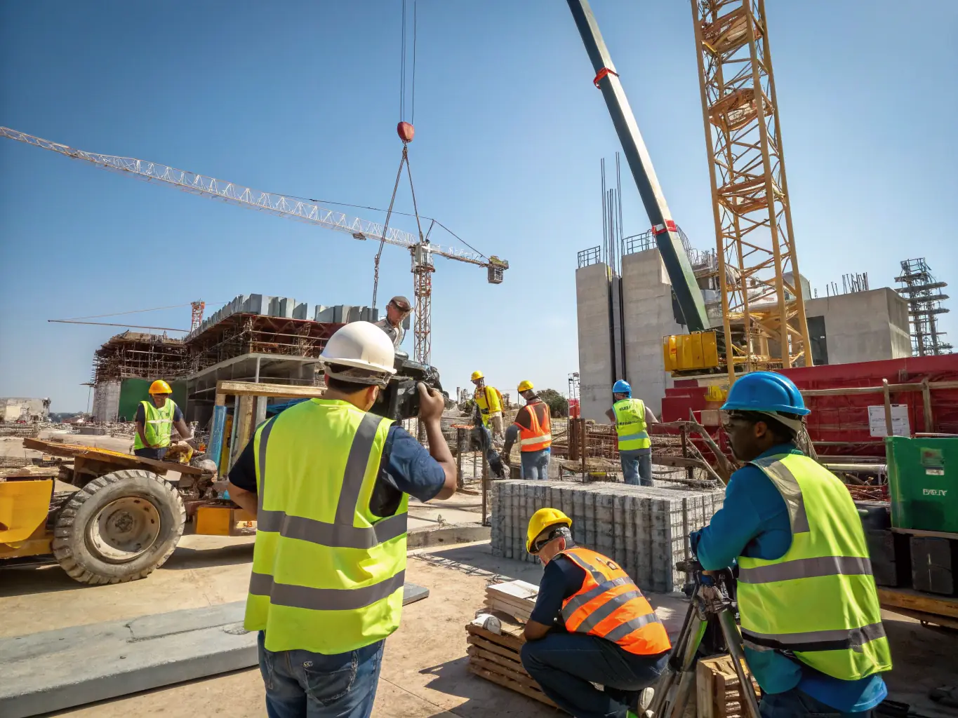 A construction site with workers actively engaged in building a new commercial structure, showcasing the dynamic nature of the construction industry and the need for reliable funding.