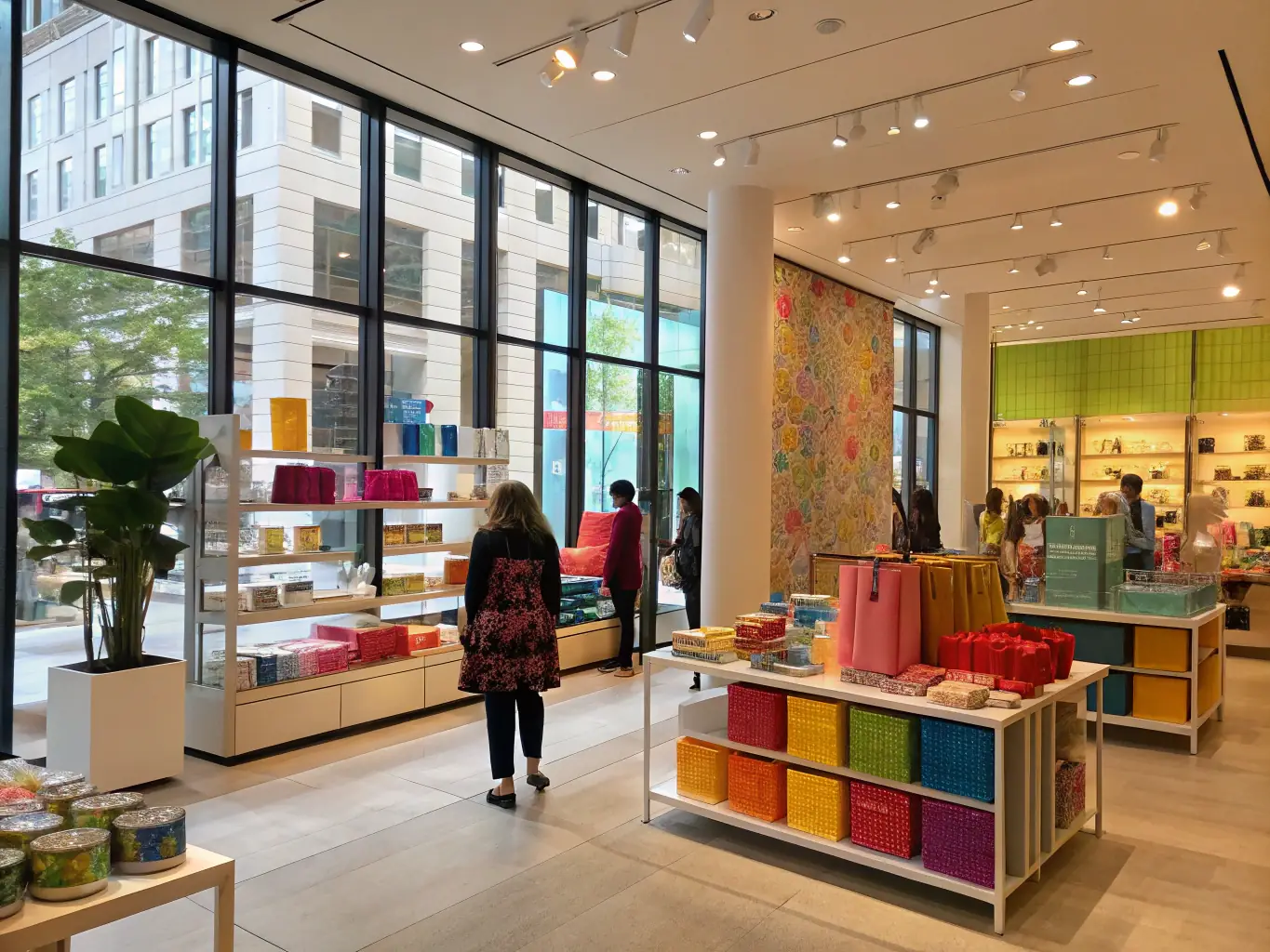 A brightly lit retail store with customers browsing through clothing racks, showcasing a successful and thriving business environment.