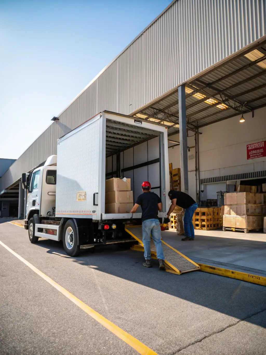 A driver delivering goods to a warehouse, with boxes being unloaded from the truck. The scene shows the final stage of a delivery, emphasizing efficiency.