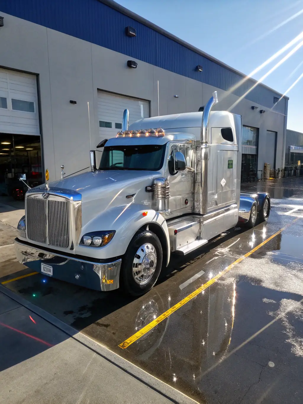 A medium shot of a brand new semi-truck, gleaming in the sunlight, parked at a truck stop. The OnDeckClone logo is subtly visible on a small sign in the background, indicating financing.