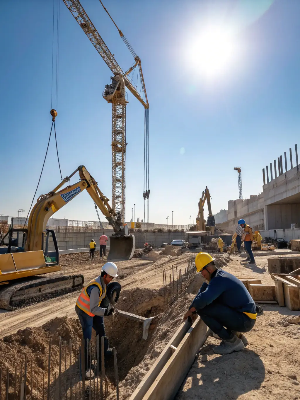 A modern construction site with workers and heavy machinery, representing the construction industry's reliance on funding for equipment and project costs.