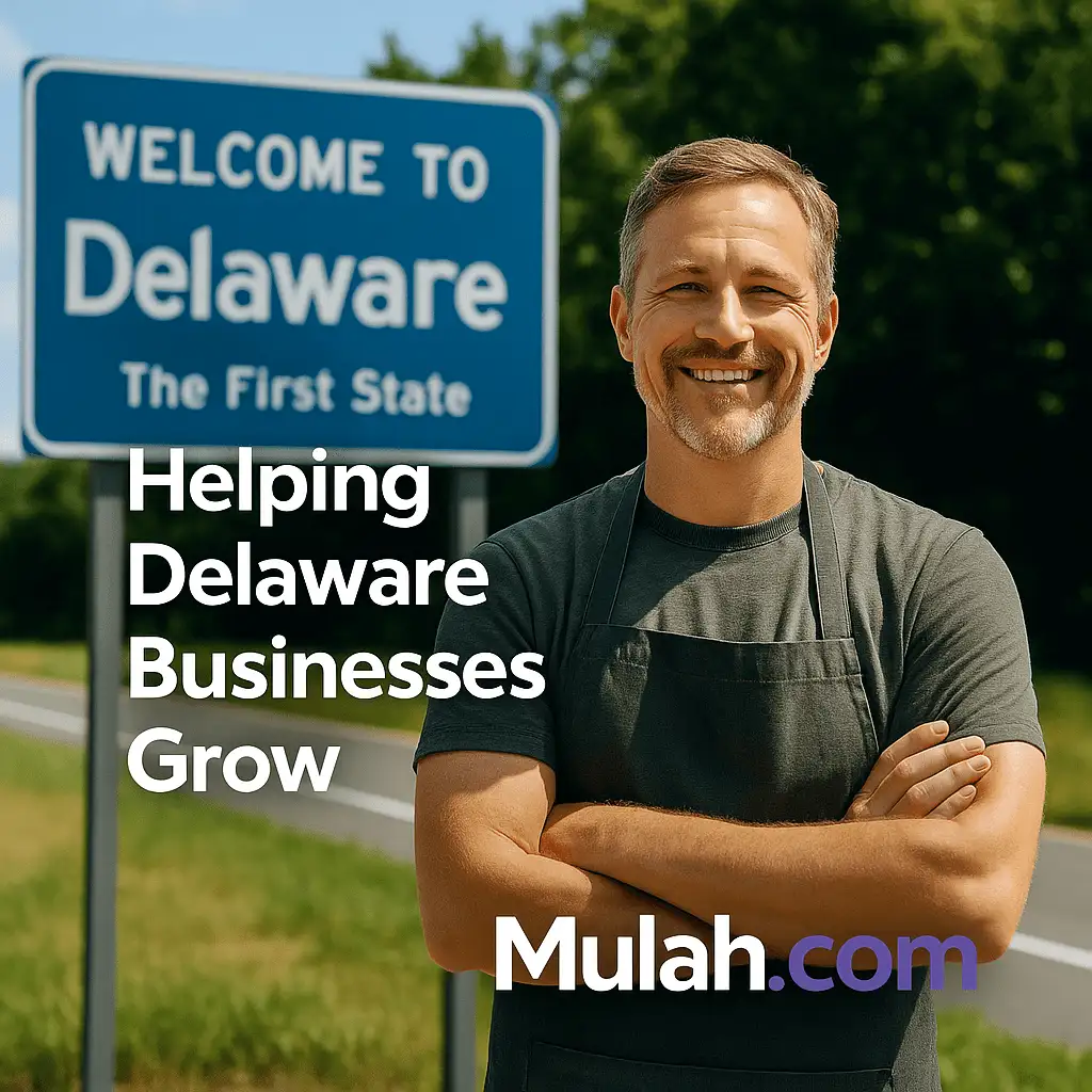 Smiling Delaware small business owner standing in front of a Welcome to Delaware sign with text overlay ‘Helping Delaware Businesses Grow’ and Mulah.com logo.