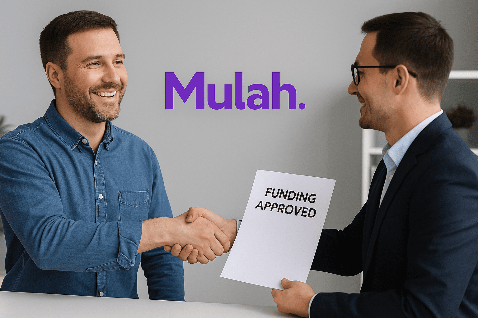 Two professionals shaking hands after funding approval with a “Funding Approved” document and the Mulah.com logo in the background.