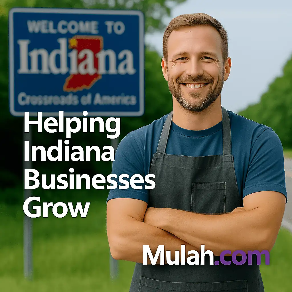 Smiling Indiana small business owner standing in front of a Welcome to Indiana sign with text overlay ‘Helping Indiana Businesses Grow’ and Mulah.com logo.