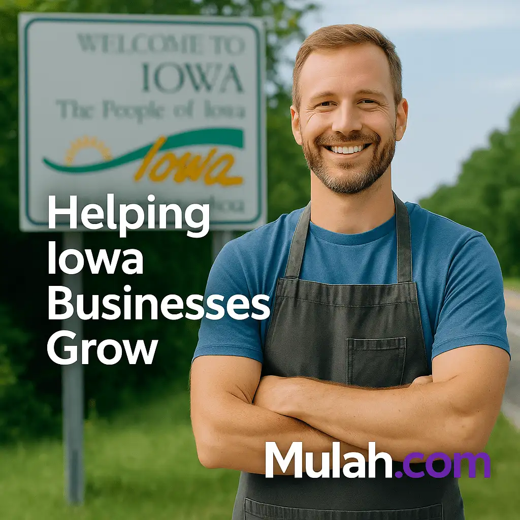 Smiling Iowa small business owner standing in front of a Welcome to Iowa sign with text overlay ‘Helping Iowa Businesses Grow’ and Mulah.com logo.