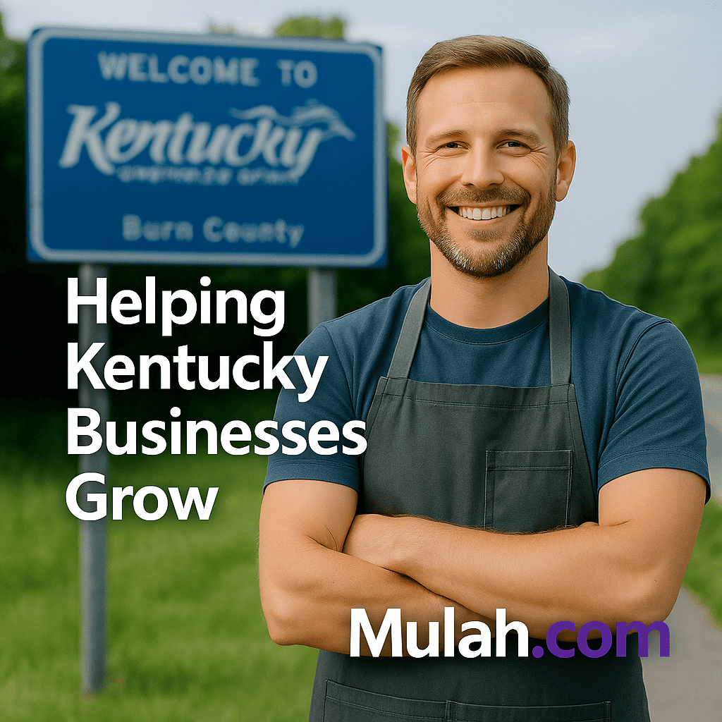Smiling Kentucky small business owner standing in front of a Welcome to Kentucky sign with text overlay ‘Helping Kentucky Businesses Grow’ and Mulah.com logo.