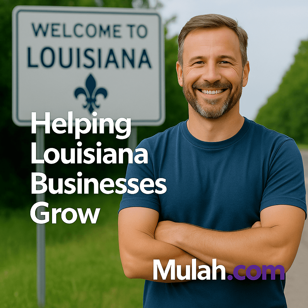 Smiling Louisiana small business owner standing in front of a Welcome to Louisiana sign with text overlay ‘Helping Louisiana Businesses Grow’ and Mulah.com logo.
