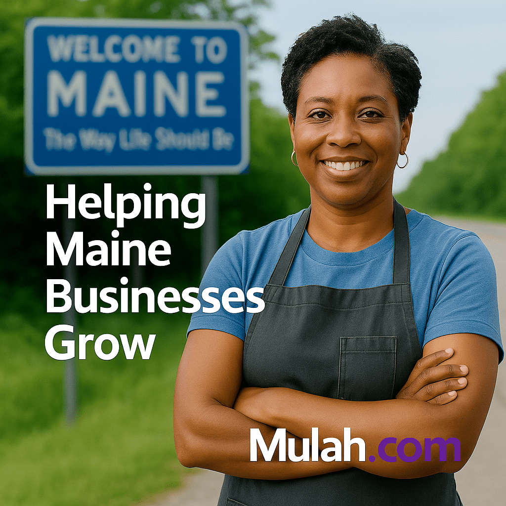 Smiling Maine small business owner standing in front of a Welcome to Maine sign with text overlay ‘Helping Maine Businesses Grow’ and Mulah.com logo.