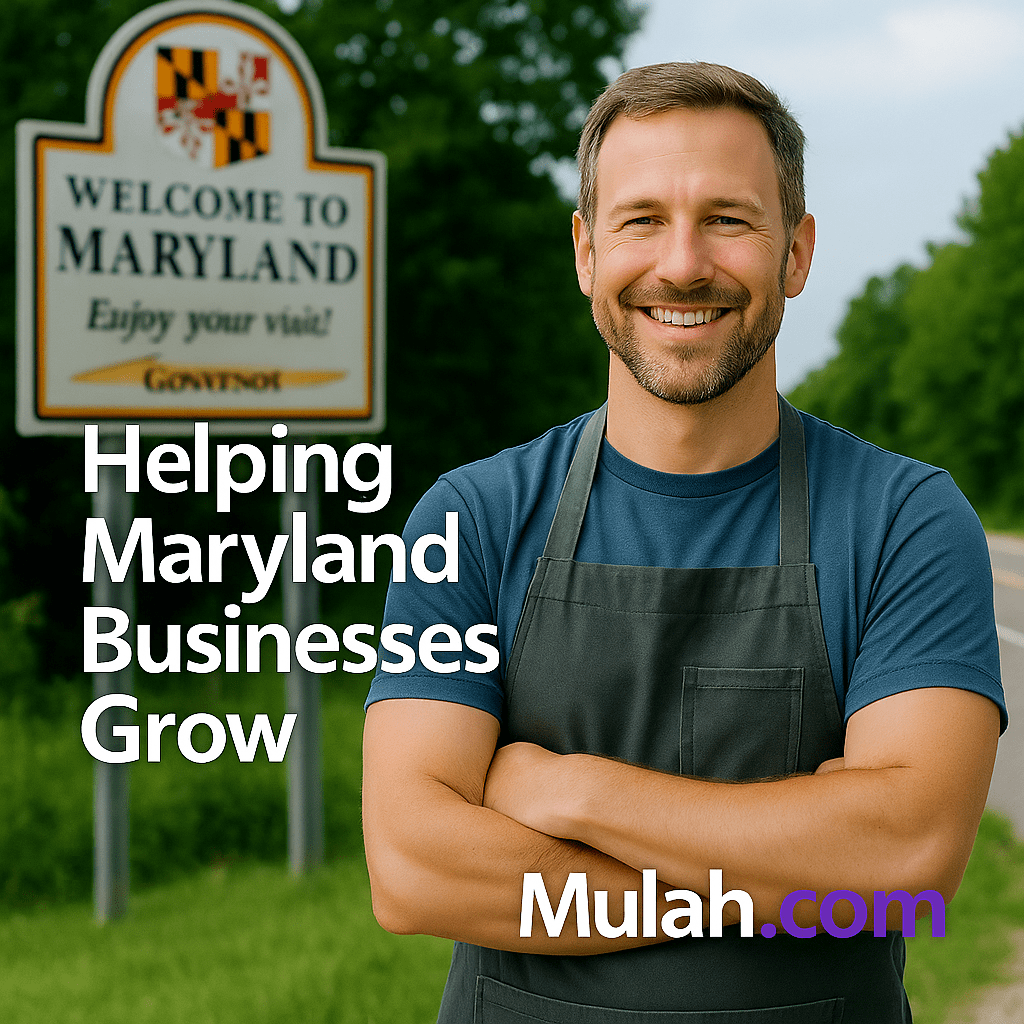 Smiling Maryland small business owner standing in front of a Welcome to Maryland sign with text overlay ‘Helping Maryland Businesses Grow’ and Mulah.com logo.