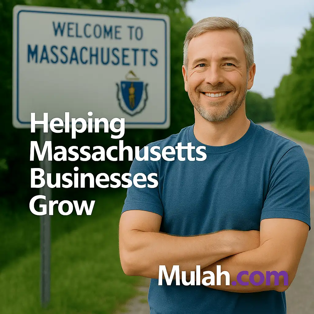 Smiling Massachusetts small business owner standing in front of a Welcome to Massachusetts sign with text overlay ‘Helping Massachusetts Businesses Grow’ and Mulah.com logo.