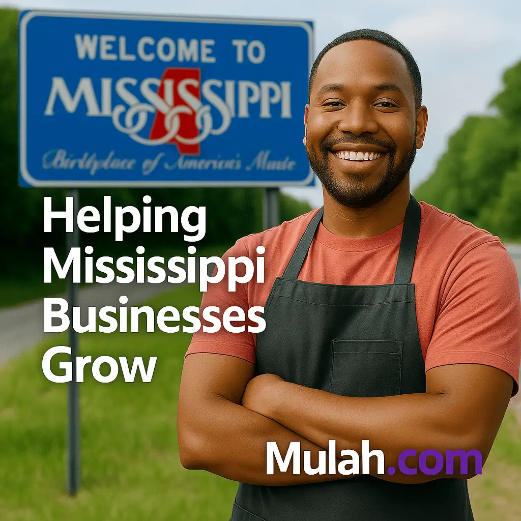 Smiling Mississippi small business owner standing in front of a Welcome to Mississippi sign with text overlay ‘Helping Mississippi Businesses Grow’ and Mulah.com logo.