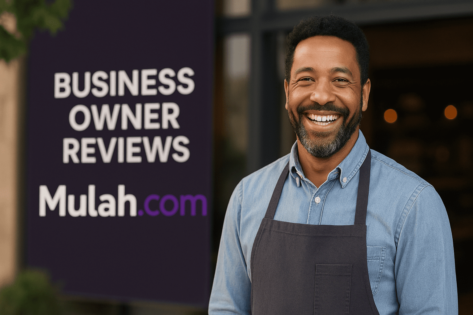 Smiling business owner standing outside his shop beside a Mulah.com banner that reads “Business Owner Reviews.