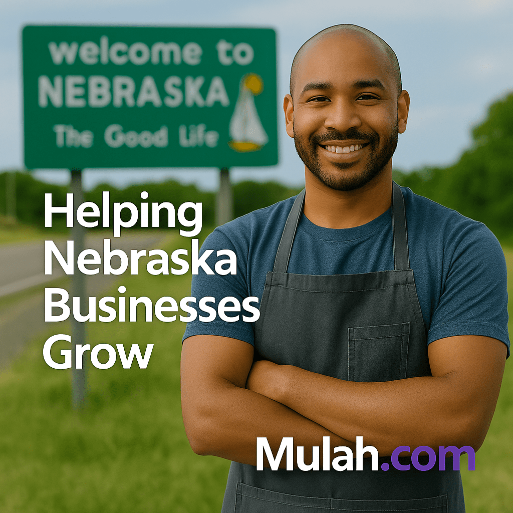 Smiling Nebraska small business owner standing in front of a Welcome to Nebraska sign with text overlay ‘Helping Nebraska Businesses Grow’ and Mulah.com logo.