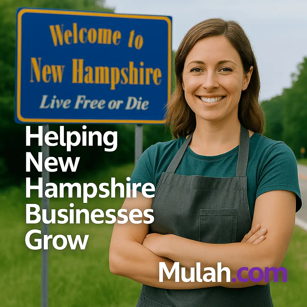 Smiling female New Hampshire small business owner standing in front of a Welcome to New Hampshire sign with text overlay ‘Helping New Hampshire Businesses Grow’ and Mulah.com logo.