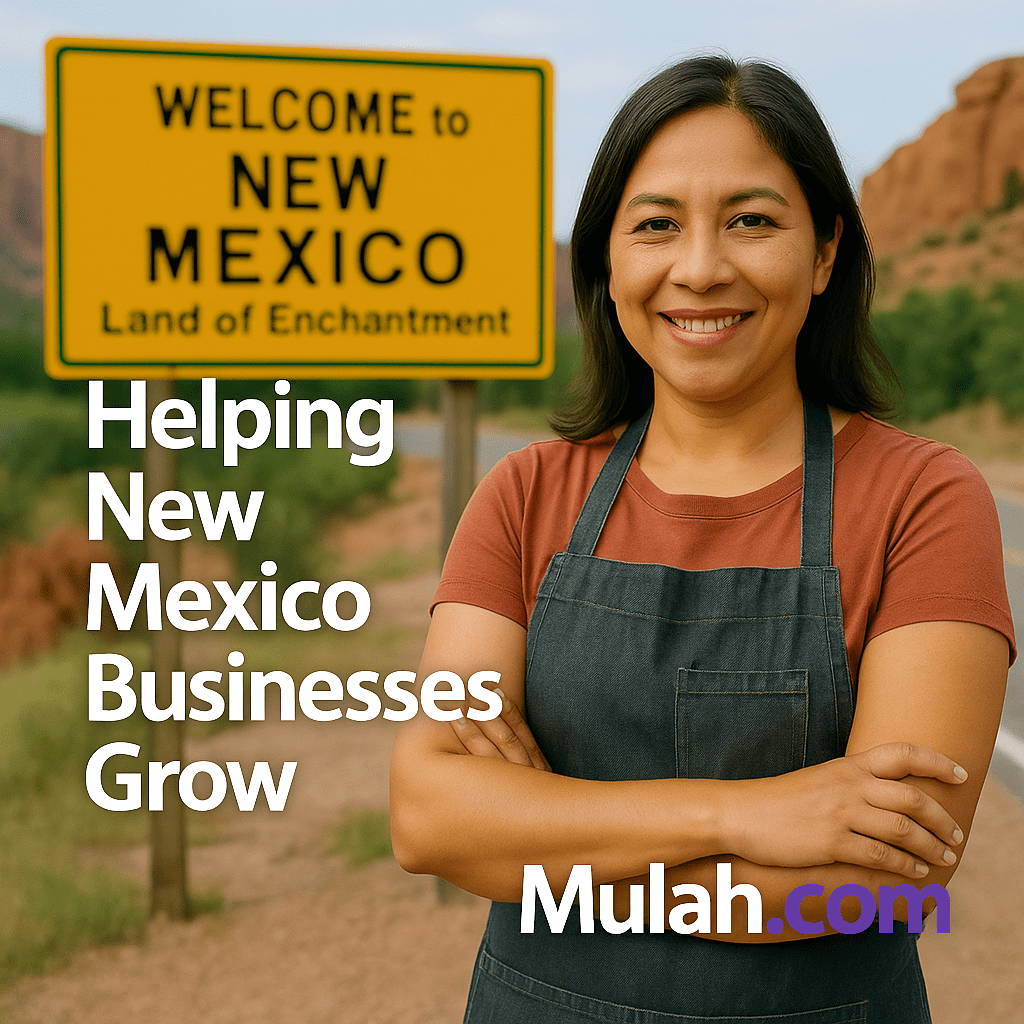 Smiling female New Mexico small business owner standing in front of a Welcome to New Mexico sign with text overlay ‘Helping New Mexico Businesses Grow’ and Mulah.com logo.