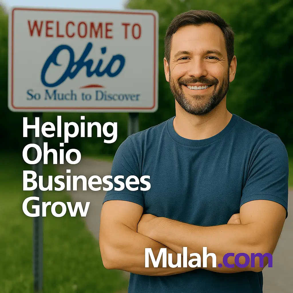 Smiling Ohio small business owner standing in front of a Welcome to Ohio sign with text overlay ‘Helping Ohio Businesses Grow’ and Mulah.com logo.