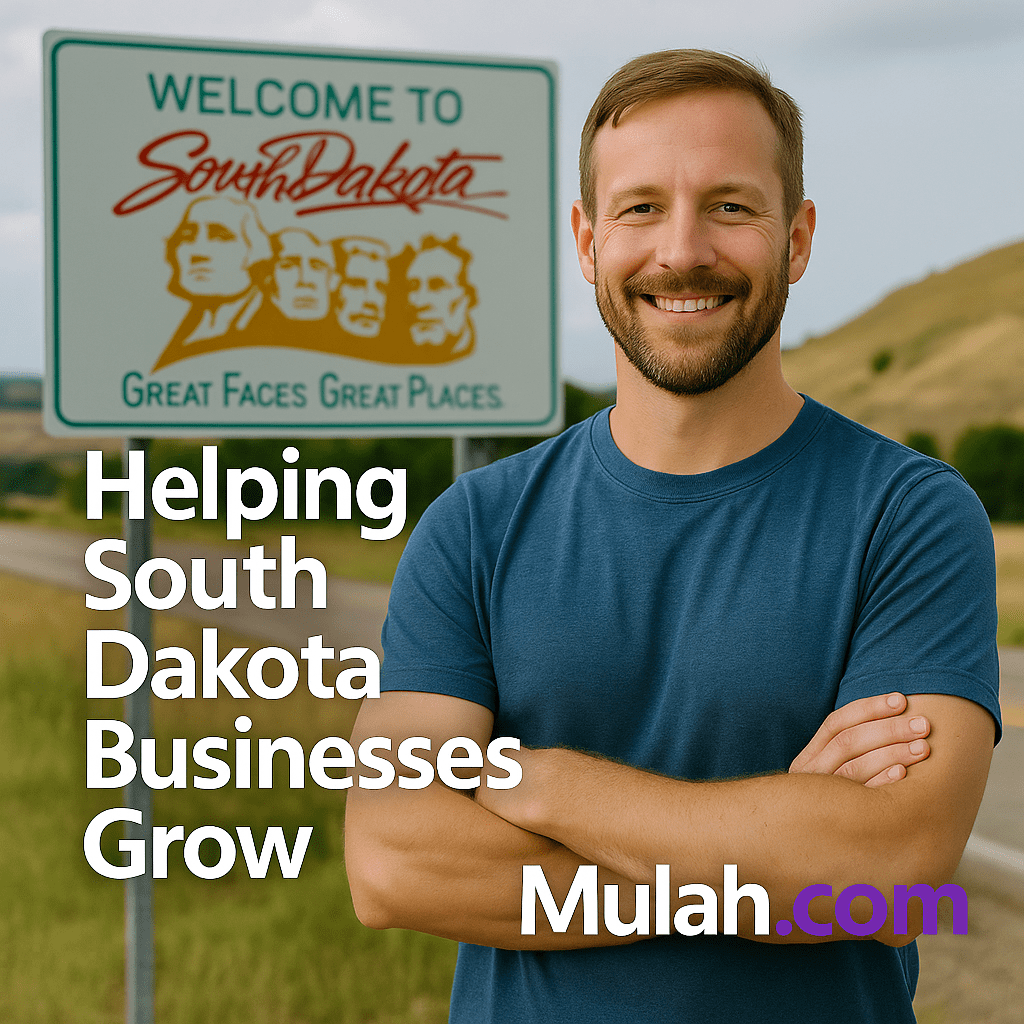 Smiling South Dakota small business owner standing in front of a Welcome to South Dakota sign with text overlay ‘Helping South Dakota Businesses Grow’ and Mulah.com logo.