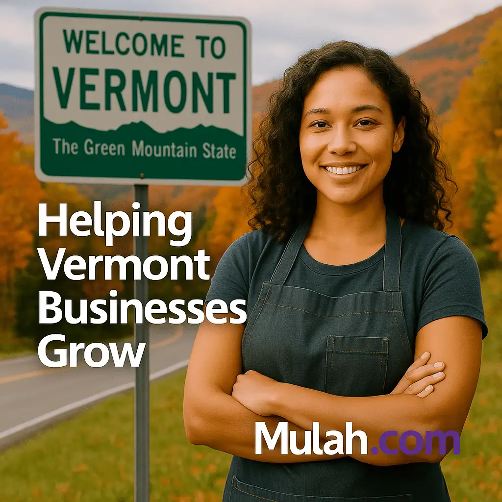 Smiling Vermont small business owner standing in front of a Welcome to Vermont sign with text overlay ‘Helping Vermont Businesses Grow’ and Mulah.com logo