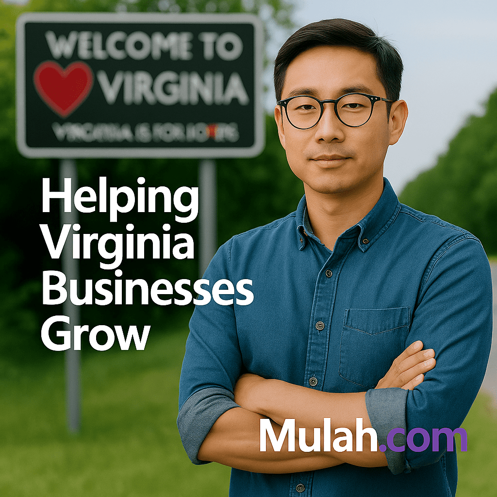 Smiling Asian Virginia small business owner standing in front of a Welcome to Virginia sign with text overlay ‘Helping Virginia Businesses Grow’ and Mulah.com logo.