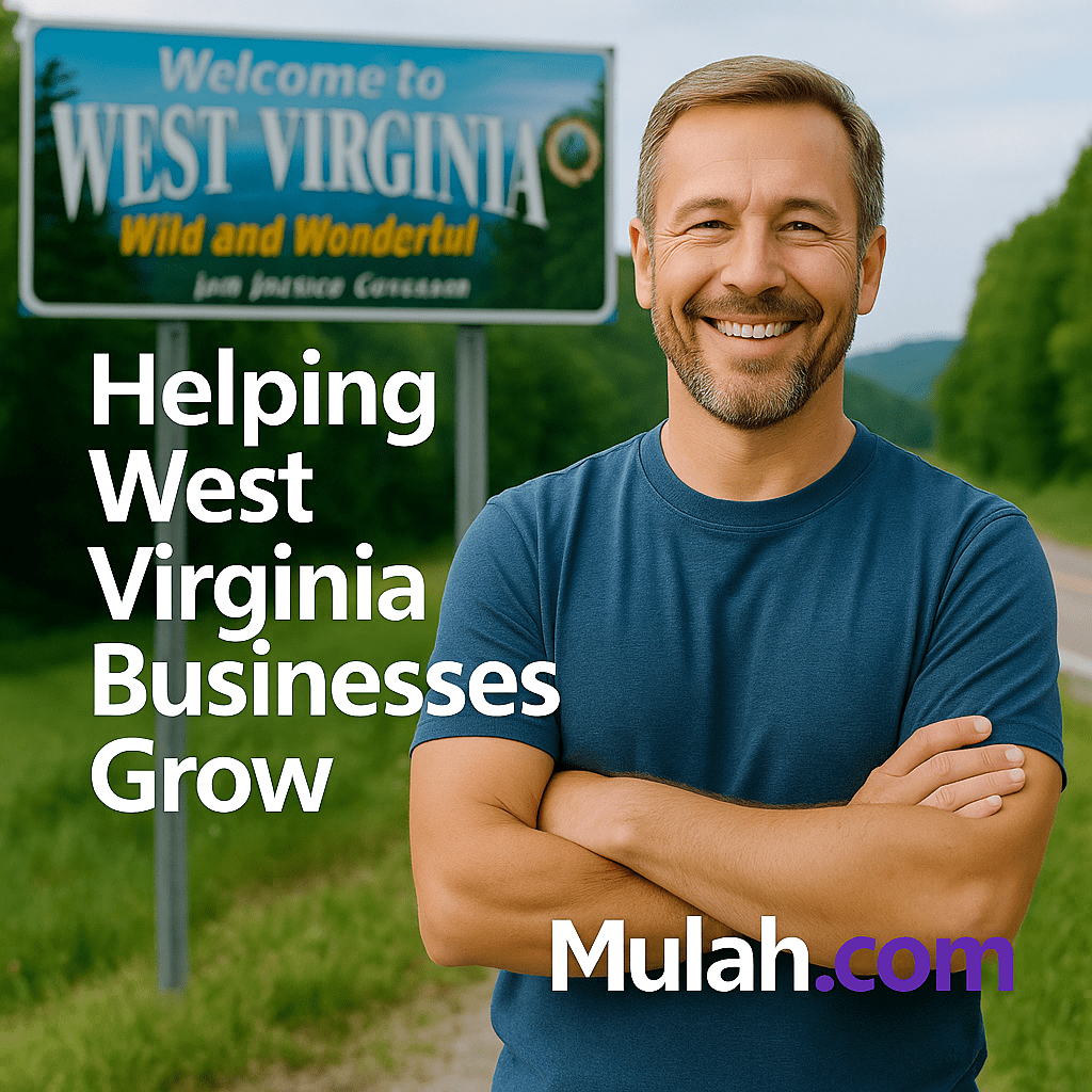 Smiling West Virginia small business owner standing in front of a Welcome to West Virginia sign with text overlay ‘Helping West Virginia Businesses Grow’ and Mulah.com logo.