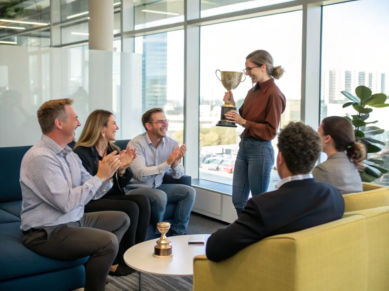 An employee receiving an award from a senior manager during a company-wide event, symbolizing Mulah's commitment to recognizing and rewarding outstanding performance.