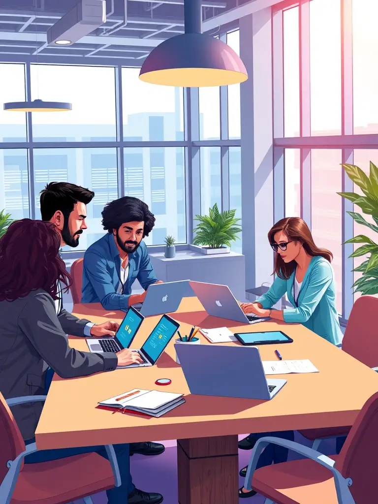 A dynamic image of a technology startup team working on laptops in a collaborative workspace, representing the tech industry's need for innovative financing solutions.